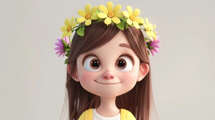 Canvas Print - A 3D cartoon girl wearing a flower crown and smiling.