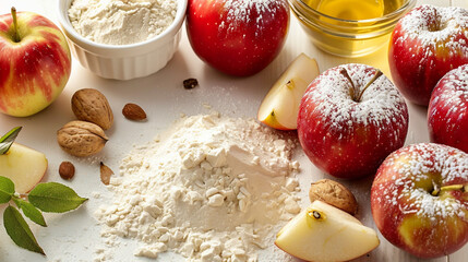 Wall Mural - Baking Adventure: Preparing Wholemeal Fruit Cake Ingredients with Fresh Fruits, Nuts, and Spices Stock Photo