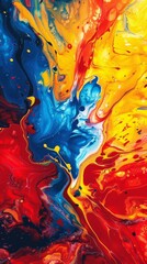 Wall Mural - Abstract liquid paint art with vibrant colors, swirls of red, blue, and yellow. Modern abstract art concept