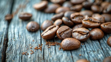 Poster - Coffee beans on wooden background with vintage style and soft focus