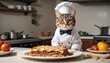 © abu - portrait of a tabby cat in chef outfit stands in front of lasagna and looks at the camera,