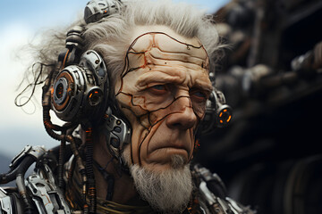Wall Mural -  Old Man with cyborg head