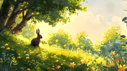 Wall Mural - Little siamese rabbit running on the field in summer. 