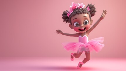 Sticker - A happy cartoon ballerina girl in a pink tutu is dancing on a pink background.