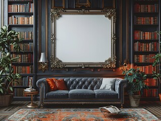 Poster - Sophisticated and Refined Mockup of a White Background Frame in an Elegant Traditional Home Office Setting Featuring Ornate Bookshelves and Warm Directional Lighting Evoking a Muted