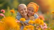 © nur - A cancer survivor mother with a post-chemotherapy bald head is hugged by her children in a sunny park