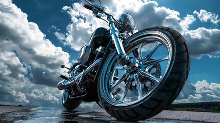 Motorcycle front suspension and wheel, reflecting light, blue sky with white clouds, raw and vivid, detailed imagery