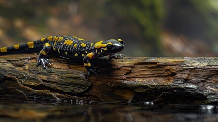 Gold striped young salamander Chioglossa lusitanica on a log