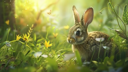 Poster - Little siamese rabbit running on the field in summer. 