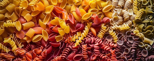 Assorted colorful pasta in various shapes