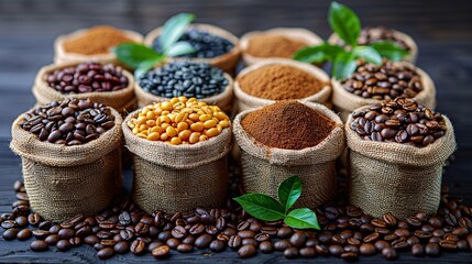 An assortment of spices in rustic wooden bowls displayed on a table