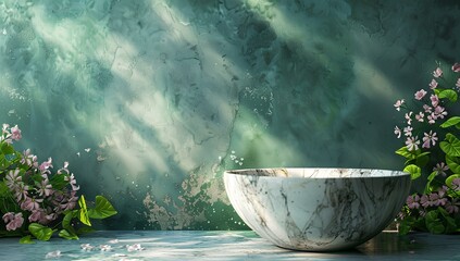 Green background with marble bowl and pink flowers, sunlight shining through.