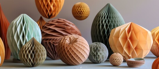 A group of colorful honeycomb balls in various shapes and sizes.