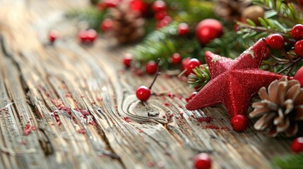 Christmas red star arrangement on wooden table