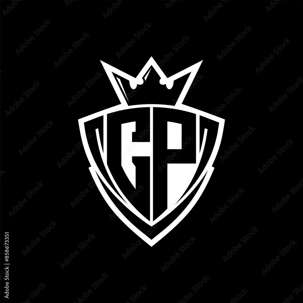 CP Letter logo with sharp triangle shield shape with crown inside white ...