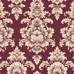 Wall Mural - Generate a repeating damask pattern showcasing ornate medallion motifs. Use a single color like deep burgundy. The design should be rich and decorative, suitable for formal fabric applications.