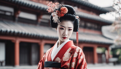 Sticker - portrait of a geisha in traditional dress, isolated white background