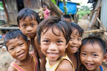 Wall Mural - Group of happy and smiling asian kids in village, Thailand.