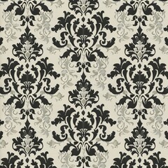 Create a repeating damask pattern with intertwined ribbons and floral accents. Use a two-tone color scheme with silver and black. The pattern should be elegant and timeless, perfect for formal fabric