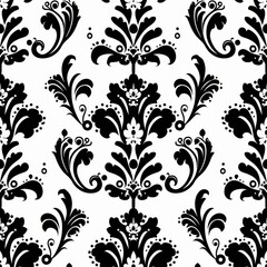 Wall Mural - Create a repeating damask pattern with stylized quatrefoil elements and floral details. Use a two-color palette with black and white. The pattern should be elegant and timeless, perfect for high-end