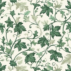 Wall Mural - Design a repeating scroll pattern with intricate vine and leaf motifs. Use a monochromatic palette with varying shades of green.