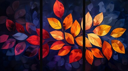 Three-panel art with red, orange, yellow, and purple autumn leaves, dark blue background, abstract and vibrant, raw style