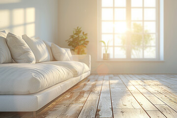Wall Mural - White sofa in living room with wooden floor and window, sunlight from the window, close-up shot, low angle view, white walls, minimalistic...