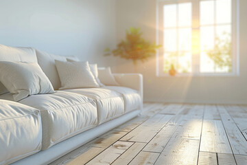 Wall Mural - White sofa in living room with wooden floor and window, sunlight from the window, close-up shot, low angle view, white walls, minimalistic...