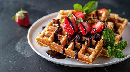 Wall Mural - Tasty Belgian waffles with mint strawberries and chocolate sauce on white plate with dark background and space for text
