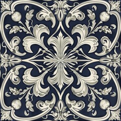 Wall Mural - Design a repeating Fleur De Lis pattern with fleur de lis motifs surrounded by delicate floral embellishments. Use a two-color palette with silver and navy blue for a refined and sophisticated look.