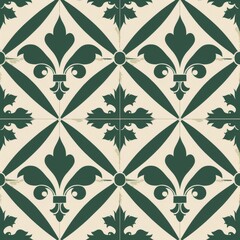 Wall Mural - Create a repeating Fleur De Lis pattern with stylized fleur de lis motifs arranged in a diagonal pattern. Use a monochromatic palette with shades of emerald green for a modern and bold design.