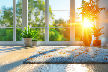 Wall Mural - Bright room with soft carpet on wooden floor near window with sunlight and green plant, close-up view. Concept of home interior design with summer view outside in background...