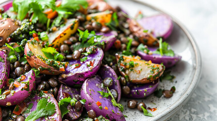 Wall Mural - Fresh and Colorful Roasted Purple Potato Black Lentil Salad with Cilantro Pesto Vinaigrette Stock Photo