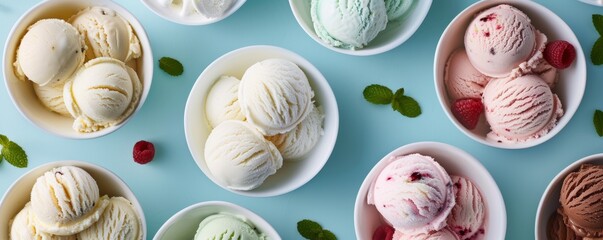 Wall Mural - Bowls of ice cream scoops in various flavors on light blue background, top view. Dessert, food, and summer concept.