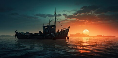 Wall Mural - fishing backgrounds of a serene sunset scene featuring a boat on calm waters, with a dark cloud and blue sky in the background, and a small window in the foreground