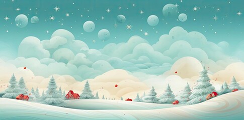 Wall Mural - funny christmas background with snow - covered trees and a red house, featuring a white and blue balloon and a white and blue balloon