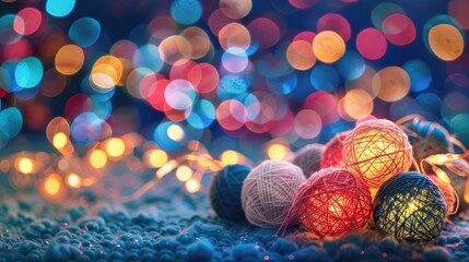 Wall Mural - Sparkling New Year lights and handmade thread balls surrounded by multicolored blurred garland bokeh