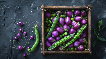 Wall Mural - Fresh Purple Shelled Garden Peas in Pod Arranged in Wood Box on Dark Background for Food Concept - Top View Flat Lay Stock Photo