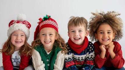 Four cheerful children in festive winter clothing posing with joyous smiles on a plain white background, celebrating seasonal happiness.