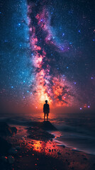 Canvas Print - Man standing in the wilderness against the backdrop of the starry sky