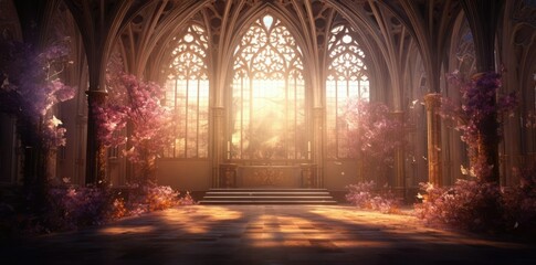 Wall Mural - spiritual background of a church entrance featuring a large arched window and a brown wooden door, with a concrete step leading up to the entrance