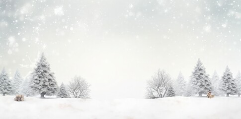 Wall Mural - white christmas background with snow - covered trees and a deer in the foreground