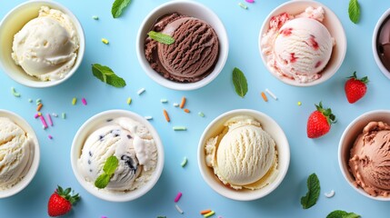 Wall Mural - Assorted ice cream scoops in bowls with sprinkles and strawberries, top view. Dessert and summer treat concept