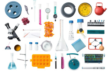 collection of various laboratory equipment and scientific tools arranged neatly for research and exp