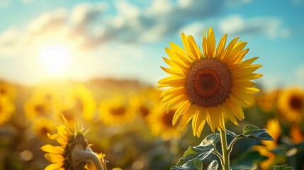 Wall Mural - Sunlit Field of Vibrant Sunflowers under a Clear Sky at Sunset