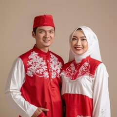 photo of an Indonesian male and female couple wearing red and white clothes with a single color background - generative ai