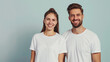 © MuhammadQaiser - cheerful young couple in white t-shirts on a light background, logo