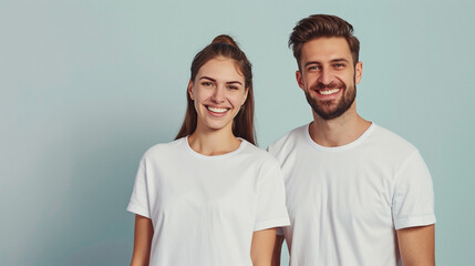 cheerful young couple in white t-shirts on a light background, logo