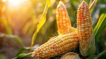 Wall Mural - Golden Sunrise Cornfield with Ripe Ears of Corn Illuminated by Sunlight