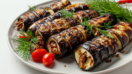 Wall Mural - Savory Grilled Eggplant Rolls with Walnut Stuffing, Tomatoes, and Dill on Plate | Healthy Vegetarian Appetizer Stock Photo